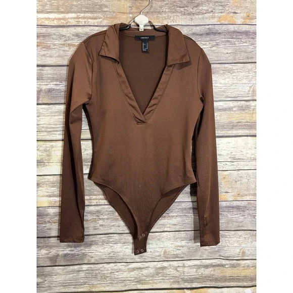 Forever 21 Brown V Neck Long Sleeve Collared Bodysuit M‎ Medium Top Sexy - Picture 2 of 4